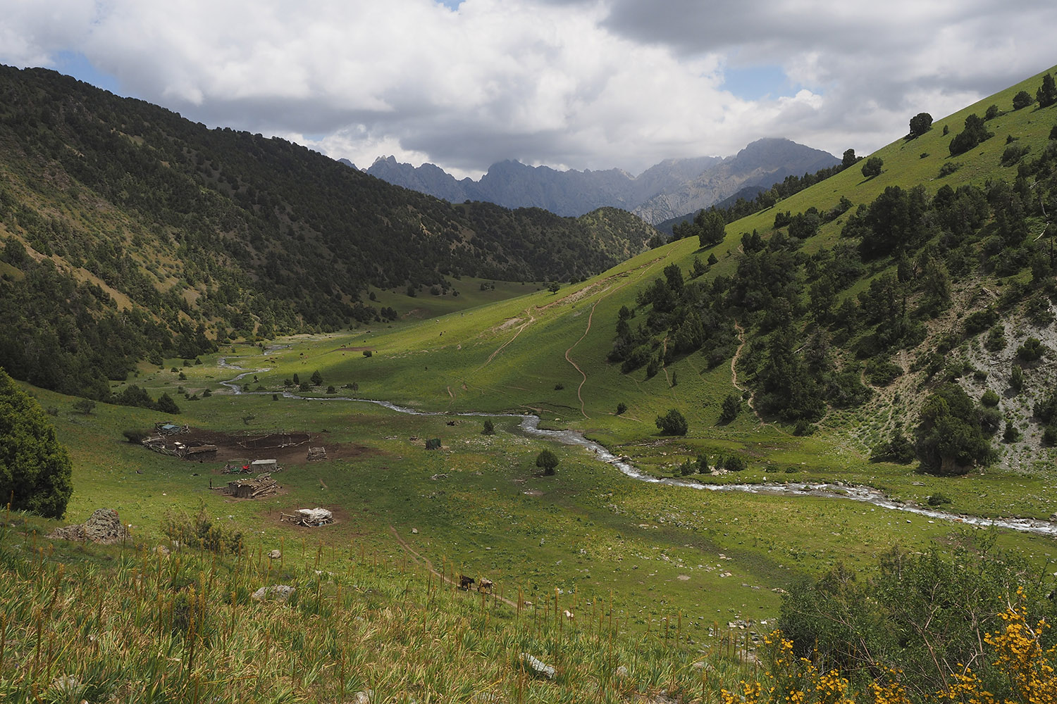 View from Bulzhuma Pass Trekking Turkestan Mountains Kyrgyzstan